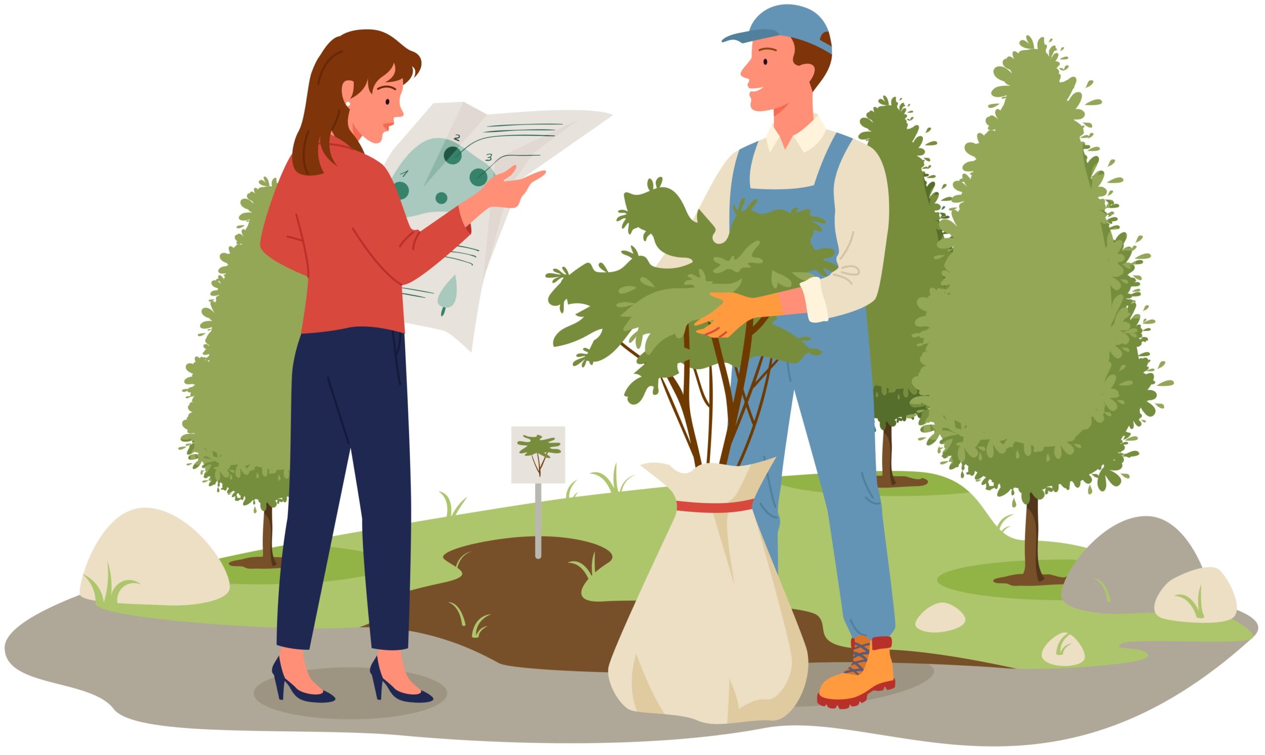 People grow trees in forest, park or garden agriculture work, gardener holding sapling